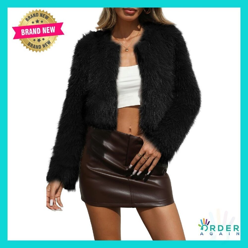 Cropped Faux Fur Jacket Fluffy Open Front Shaggy Cardigan with Pockets